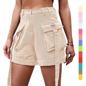 กางเกงยีนส์ขาสั้นเอวสูงมีกระเป๋าสำหรับผู้หญิงกางเกงผ้าฝ้ายกันยับสำหรับนักออกแบบฤดูร้อน - Product Image 1