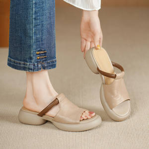 Sandales plates en cuir véritable antidérapantes à bout ouvert en peau de mouton, style coréen, rétro, pour femmes, chaussures décontractées souples à enfiler - Product Image 4