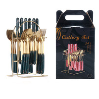 Ensemble de couverts nordiques en acier inoxydable transfrontaliers de 24 pièces, couteau à steak au design moderne en marbre, fourchette, cuillère à dessert dans une boîte cadeau