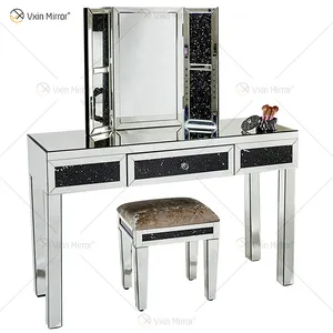 中国供应黑钻银梳妆台，带凳子2 Drawers，带全长镜