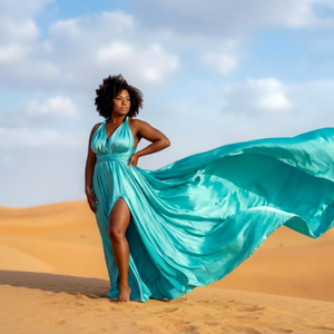 Vestido de satén de seda fluido con cuello halter y escote en V, abertura alta y cola larga para sesiones de fotos en el desierto para mujer - Product Image 1