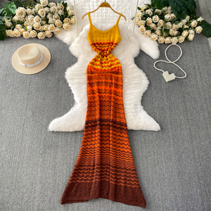 Gaun panjang elegan wanita 2025 gaun Bodycon rajut musim panas gaun ekor ikan tanpa lengan berlubang untuk wanita - Product Image 1