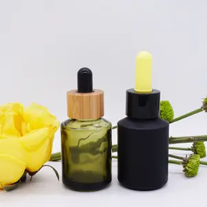 1Oz Miring Bahu Hijau Zaitun Hitam 30 Ml Botol Serum dengan Bambu Kerah Cap