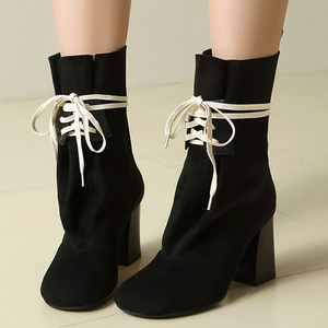 Big Size 46 Wide Fit Styles Women's High Chunky Heels Ankles <b>Boots</b> Front Lace up Shoes Square Toe Suede Short Booties - Product Image 1