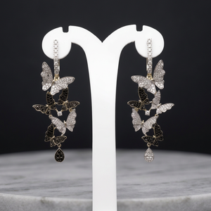 Black White Diamond Butterfly <b>Huggie</b> Hoops Rhodium Plated Symmetrical Elegant Natural Brilliant Cut 14K <b>Solid</b> <b>Gold</b> Wedding Gift - Product Image 3