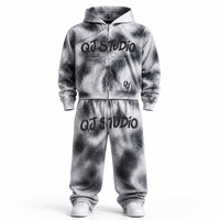 Ensemble sweat-shirt et pantalon de jogging en molleton français ultra lourd 500 g/m², coupe ample, fermeture éclair intégrale, délavé au soleil, bleu, coupe courte, empilé