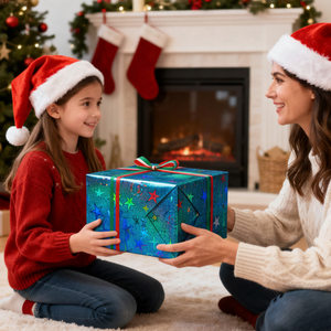 Papier cadeau bleu laser, papier cadeau étoile de Noël pour enfants, disponible en stock et personnalisable, impression couleur - Product Image 3