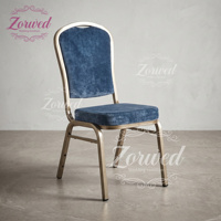 Chaise de banquet de luxe à cadre doré, durable, empilable, avec revêtement en velours bleu, design moderne, pour événements de mariage, location et affaires