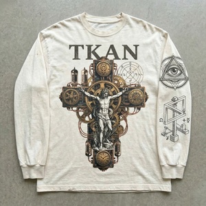 T-shirt graphique à manches longues en coton épais 100 %, lavage vintage, imprimé croisé, décontracté pour homme, style streetwear, à prix abordable - Product Image 1