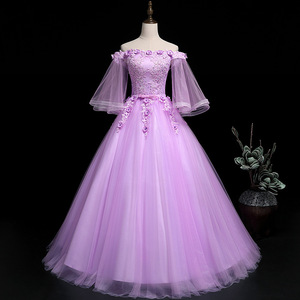 Off The Shoulder Purple Tulle Ball Gown Dress With Floral Embroidery For Evening Events Adult Size - Product Image 1