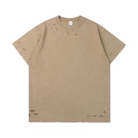 T-shirt Homme 300g Grammage Lourd Délavé Effet Vieilli Trous Découpés Coupe Décontractée Batik Tendance Manches Courtes