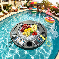 Grand plateau flottant pour boissons, noir, rond, 5 trous pour gobelets, table de piscine gonflable, plateau de service portable pour collations