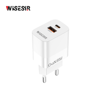 Chargeur mural WISESIR 20W GaN PD QC3.0 PPS USB-A Type-C avec câble rétractable 5V/2.4A ignifuge, pliable, charge rapide OTP