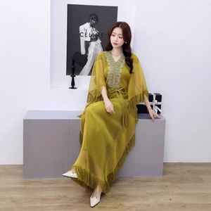 <span class=keywords><strong>Nueva</strong></span> colección elegante Color sólido estampado Floral cuello en V borla mangas <span class=keywords><strong>Issey</strong></span> <span class=keywords><strong>Miyake</strong></span> plisado de talla grande mujer largo Maxi túnica vestido - Product Image 5