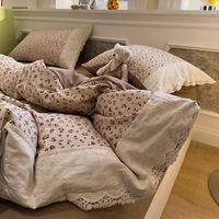 Parure de lit vintage à bordure en dentelle, motif floral, housse de couette et draps en polyester pour chambre à coucher et usage domestique