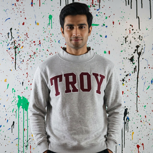 Troy Ash Grey <b>Mock</b> <b>Neck</b> Sweatshirt 100% Cotton BLUE Applique Embroidery wide <b>neck</b> Sweatshirt Finer Threads - Product Image 1