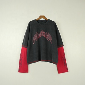 Custom Acid Washed Sweatshirt t Shirt Screen Print Double Layered <strong>Long</strong> Sleeve Boxy <strong>Tshirts</strong> - Product Image 1