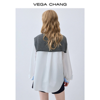 VEGA CHANG Ensemble chemise deux pièces blanc cassé pour femme, chemisier oversize à manches longues, châle tricoté rayé détachable, style preppy à carreaux