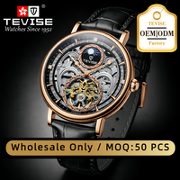 Montre automatique à remontage automatique TEVISE pour homme, montre de luxe squelette avec phases solaires et lunaires, étanche 3ATM