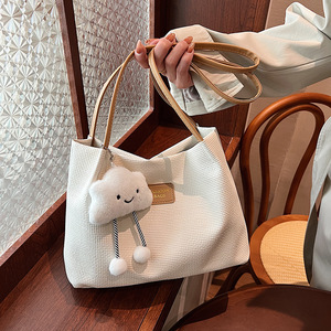 Bolso de Hombro Tejido Beige para Mujer, Bolso Tote de Gran Capacidad, Estilo Lona PU, para el Uso Diario, Compras - Product Image 3
