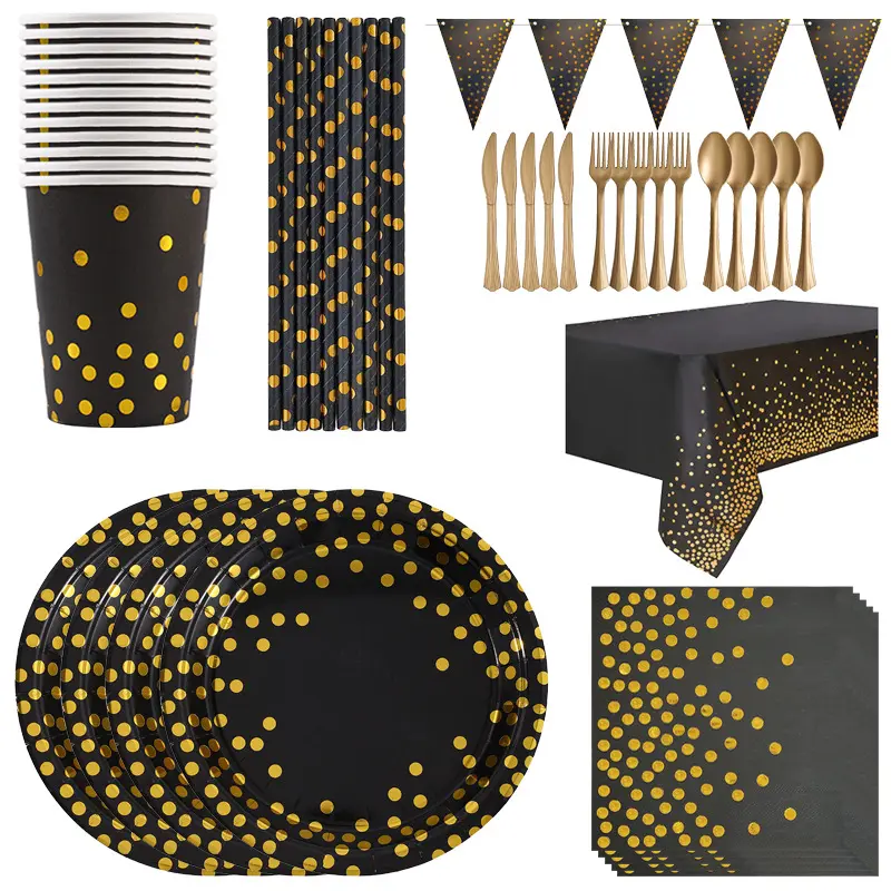 Stapming Black Gold Paper Tableware Set Birthday Party Supplies Disposable Cup Plates Napkin Straw Tablecloth