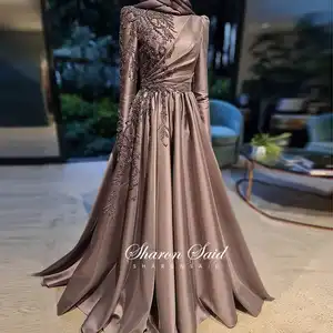 Brown Long Sleeve Muslim Evening Dresses 2022 Luxury Dubai Beading Arabic Formal Dress Evening Gowns