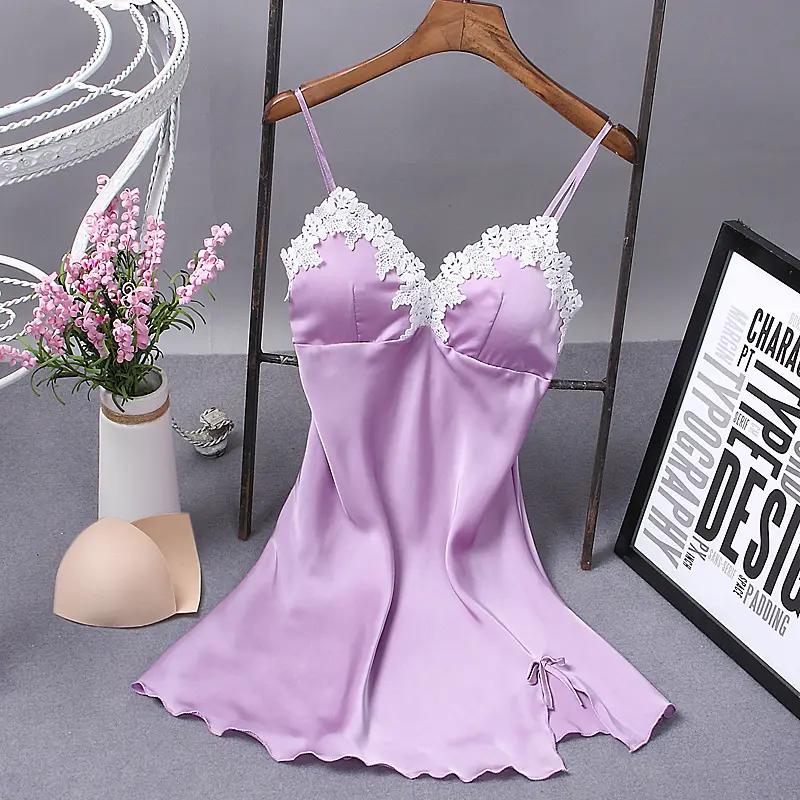 New Summer Sexy Women Lingerie Dress Strap Lace V-neck Solid Satin Nightdress Nightgown Lady Sleepwear Babydolls