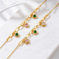 Bracelet chaîne en acier inoxydable plaqué or de haute qualité avec pendentif cœur, style vintage européen et américain, pierre précieuse colorée de niche