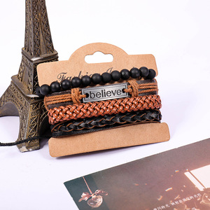 MG7 4 pièces/ensemble Bracelets en <span class=keywords><strong>cuir</strong></span> tressé pour hommes - Vintage, Believe, Perles en <span class=keywords><strong>bois</strong></span> Poignet Noir Brun - Product Image 2