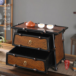 Bamboo Woven Tea Cabinet Lacquered Double Drawer Chinese Style Storage Chest <b>Tabletop</b> Tea Box - Product Image 5