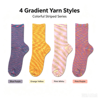 Chaussettes pour femmes en fil teint vintage, chaussettes en coton doux à rayures colorées, motif personnalisé, emballage