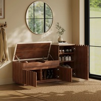 Banc de rangement à chaussures en noyer cannelé de style moderne du milieu du siècle, avec tiroir et porte, meuble d'entrée et organisateur