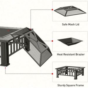 Mesa Cuadrada de Metal para Exteriores, Patio Trasero, Jardín, Estufa de Leña, Brasero, Hoguera con Pantalla Antichispas - Product Image 3