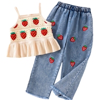 Nouvel ensemble d'été pour filles : débardeur en dentelle fraise et pantalon en jean à motif fraise, ensemble deux pièces pour filles de 4 à 7 ans