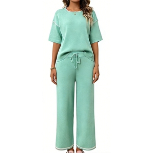 Women's 2-Piece <b>Knit</b> <b>Set</b> - Short Sleeve Contrast Trim Top & Drawstring Wide Leg Pants Outfit Womens Clothes <b>Sets</b> Fashion - Product Image 5