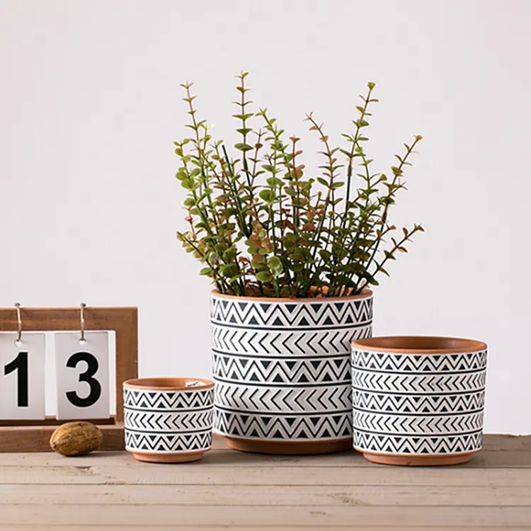 Wholesale cheap Nordic plant pots creative antique pattern design ceramic cylindrical potted flower pot