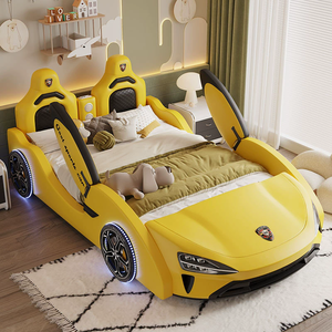Lit enfant en forme de voiture de sport, structure en bois avec rangement, barrière de sécurité et design de porte escamotable, mobilier de chambre d'enfant à thème dessin animé - Product Image 6