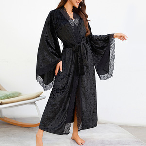 Jubah mandi beludru panjang wanita, pakaian tidur nyaman lembut dengan lengan panjang dan sabuk seksi untuk pengantin warna polos - Product Image 2