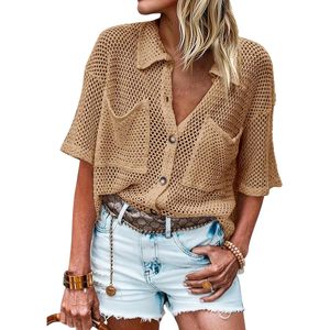 Fisoew Womens <b>Crochet</b> Short Sleeve V Neck Button Down Loose Cover Up Shirt Summer Knitted Hollow Out <b>Top</b> - Product Image 1