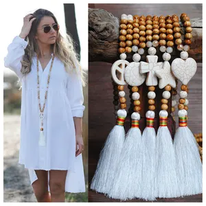 Zooying-cadena larga de estilo étnico con cuentas de madera para mujer, collar con colgante de color turquesa con flecos de hilo blanco, hecho a mano
