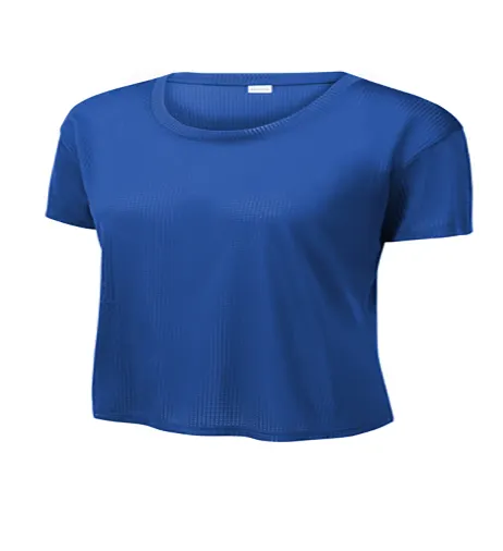 Ladies plain royal blue o OEM colors 100% poliestere mesh light weight cool dry traspirante leisure sports cropped top t-shirt