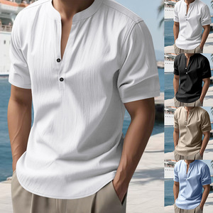 Men's Light Sleeve V-Neck Cotton Poplin Casual Shirt Regular Fit Solid Color Breathable Woven Fabric T-shirt - Product Image 3