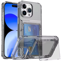 Coque transparente souple en TPU pour iPhone 15 16 17 ProMax avec fente pour cartes, béquille dissimulée, cadre surélevé et protection anti-chute aux 4 coins avec rebord renforcé