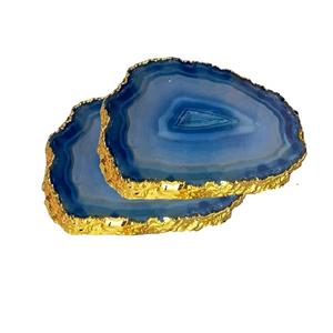 Wholesale Blue <b>Agate</b> Gemstone <b>Coasters</b> Golden Trim Quartz Cup <b>Coaster</b> Gold Edge Handmade American Style Wedding Gift Home Office - Product Image 1