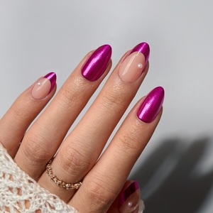BTArtbox Uñas Postizas de Gel Suave Cortas Almendradas con Pegamento, Venta al por Mayor, Hechas a Mano, Rojo Rosa Cromado, Punta Francesa, Uñas a Presión a Granel - Product Image 2