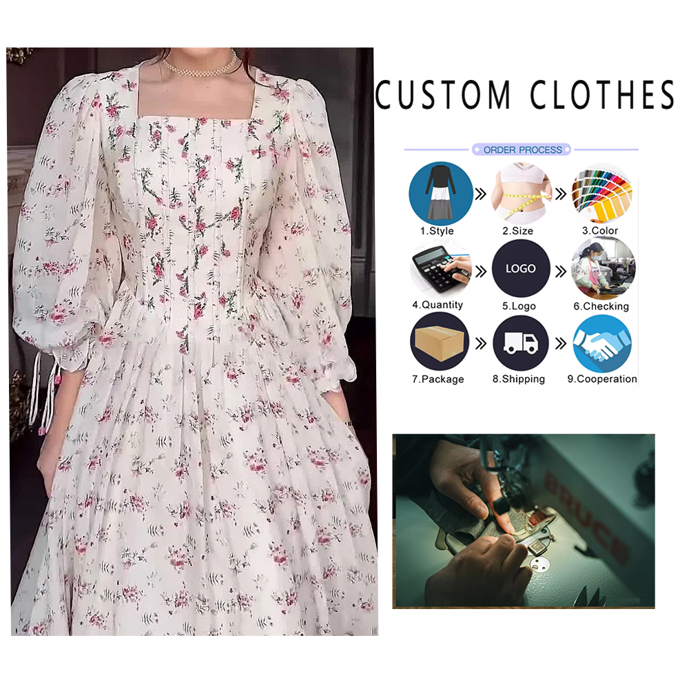 Elegant Women's Floral Chiffon Dress Square Neck Puff Sleeve Retro  Temperament for Spring Summer Digital Printing Solid Pattern| Alibaba.com