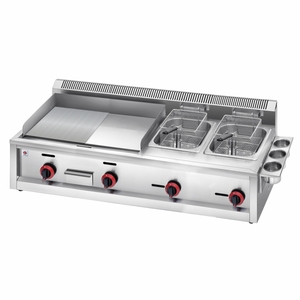 Barbecue à gaz professionnel en acier inoxydable pour plan de travail, plaque de cuisson moitié plate moitié rainurée, poêle à crêpes, teppanyaki avec friteuse - Product Image 1