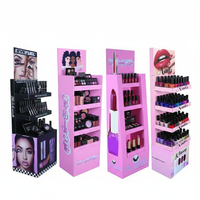 Présentoir de sol personnalisé en carton ondulé pour cosmétiques, idéal pour palettes de fards à paupières, vernis à ongles et rouges à lèvres en magasin de détail