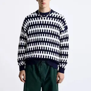 Sweater pria pullover Jacquard bergaris, atasan rajut ukuran besar longgar leher crew sweater rajut untuk pria