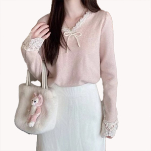 Camiseta Interior de Mujer con Lazo Rosa, Diseño de Encaje con Cuello en V, Suéter de Punto Informal, Camiseta Interior de Punto Cálida para Invierno - Product Image 6